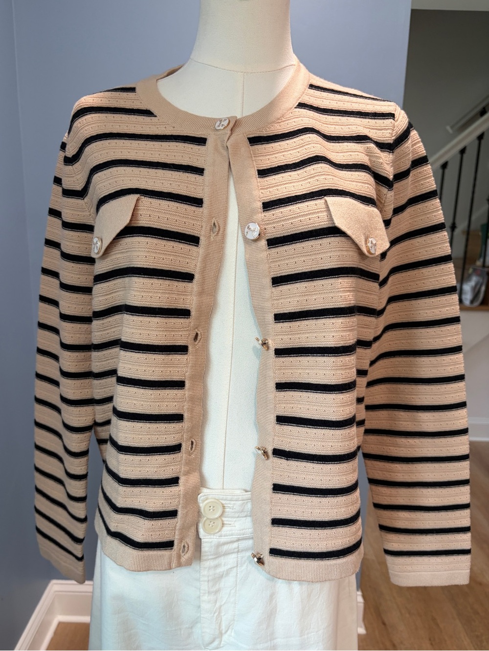 Tanou Beige Black Striped Knit Cardigan Bow Buttons Size M Preppy